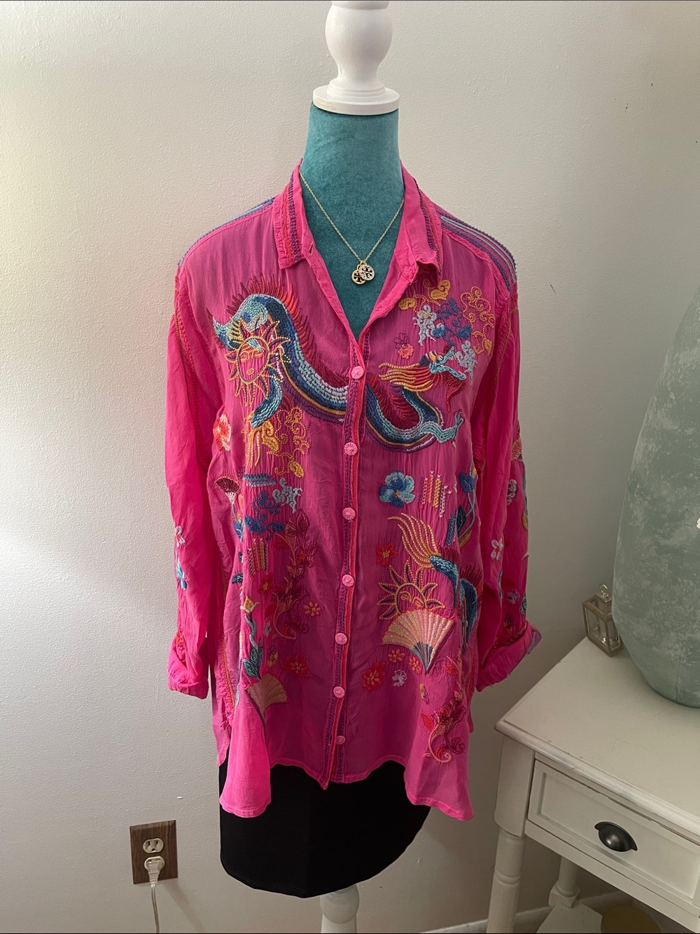 Johnny Was Hot Pink Embroidered Button-Down Shirt